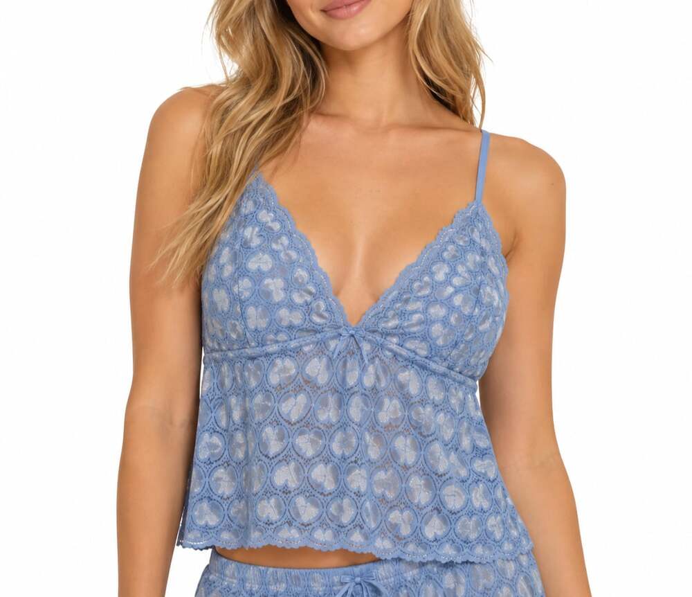Joe Boxer Dusty Blue Heart Lace Camisole Pajama Sleep Top V-Neck